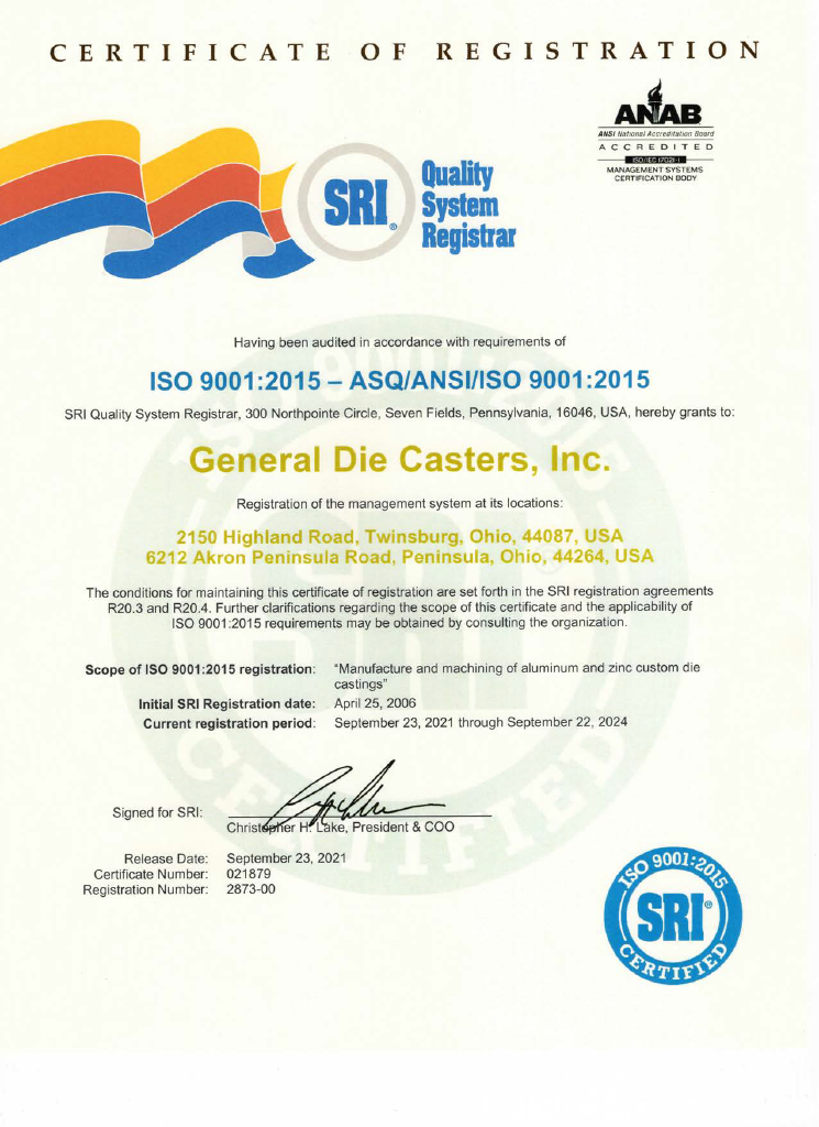 ISO Registration General Die Casters, Inc.