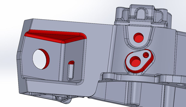Die casting design with undercut features shaded in red